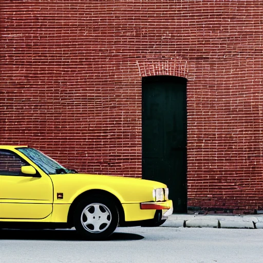 Red brick wall with a yellow car from the 90s in front of it